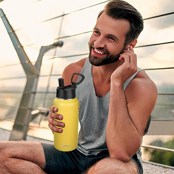 Insulated Water Bottle With Straw,32 oz Vacuum Insulated Stainless Steel Sports Water Flask,Keeps Cold and Hot,Metal Water Bottle Wide Mouth for Gym Travel Camping (Yellow)