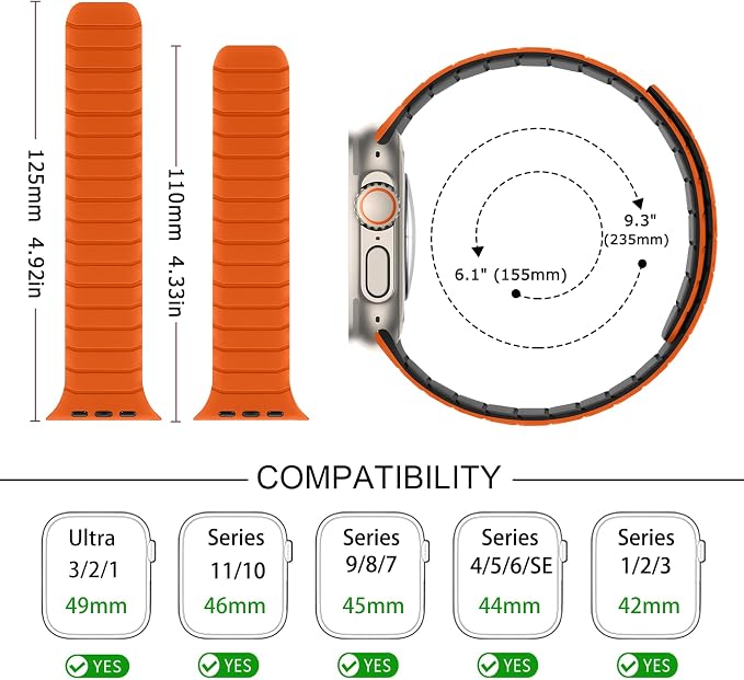 Tasikar Magnetic Bands Compatible with Apple Watch 49mm 46mm 45mm 44mm 42mm Soft Silicone Replacement Loop Wristband for iWatch Ultra 3 2 1 SE Series 11 10 9 8 7 6 5 4 3, Orange-Black