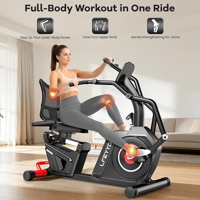 Recumbent Exercise Bike for Home, Stationary Bike with Arm Exerciser | 16-Level Magnetic Resistance, 450LBS Capacity, Bluetooth App, LCD Monitor,Heart Rate, Low-Impact Cardio & Physical Therapy