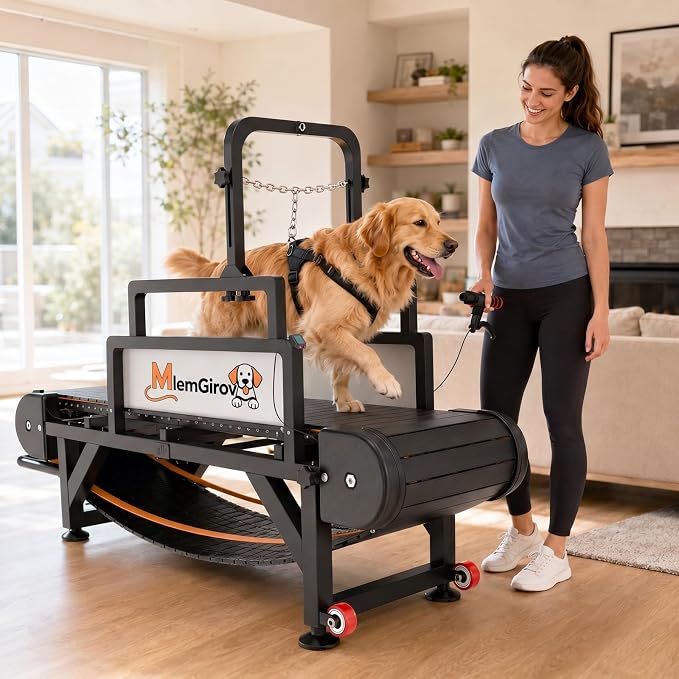Dog Treadmill with Pin-Hinged Track & 3-Layer Shock Absorption | Waterproof dirt-resistant slats, secure disc brake lock, speed monitor, quiet wheels for indoor outdoor large pet cardio.