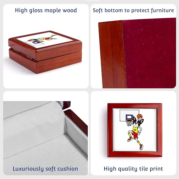 3dRose Funny Boston Terrier Playing Basketball and Slam Dunking Ball Jewelry Box 7 x 7 inch with 4 inch tile