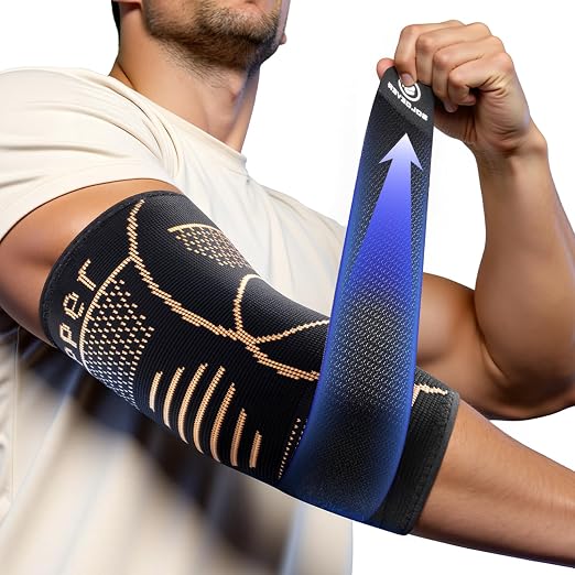 Copper Elbow Compression Sleeve for Tennis Elbow, Tendonitis, Golfers | Medical Elbow Brace with Adjustable Strap, Targeted Support for Weightlifting, Arthritis, Bursitis - Fit for Men & Women