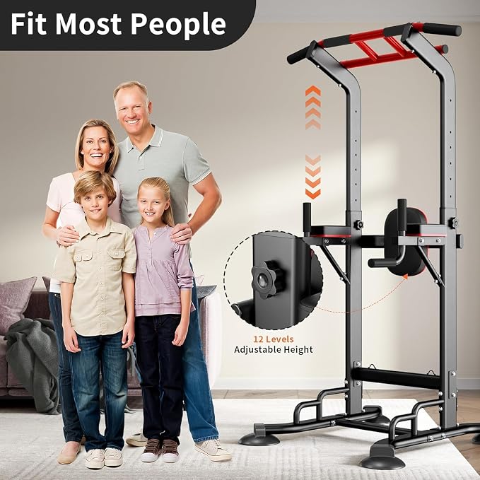 SogesHome Pull Up Bar and Dip Station Adjustable Home Gym Fitness Equipment | Multifunctional Heavy Duty Power Tower 330LB Capacity, Free Standing Strength Training Exercise Machine for Full Body Workout
