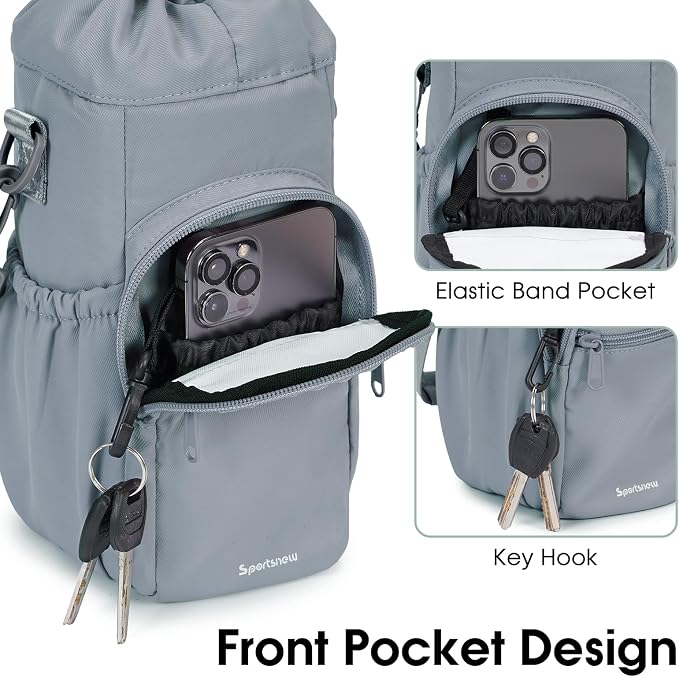 sportsnew 40oz Insulated Crossbody Water Bottle Bag Gym Hiking Phone Pocket | Water-resistant Lining, Padded Strap, Top Handle, Drawstring, Phone Pocket, Elastic Slots, Built-In Key Clip for Gym Walking