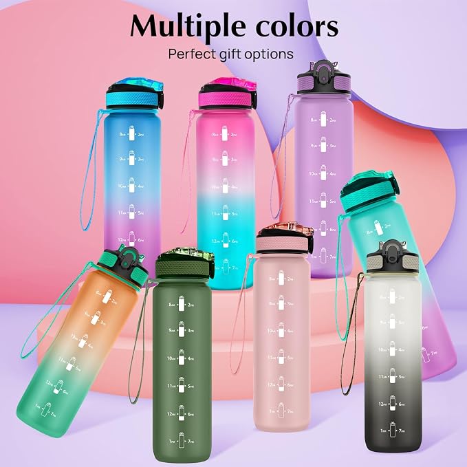 EYQ 32oz Water Bottle with Straw, Time Marker, Blue Purple | Blue Purple Tritan, BPA Free, Time Marker, Leakproof Lock Lid, Wide Mouth, for Gym, School, Office and Travel