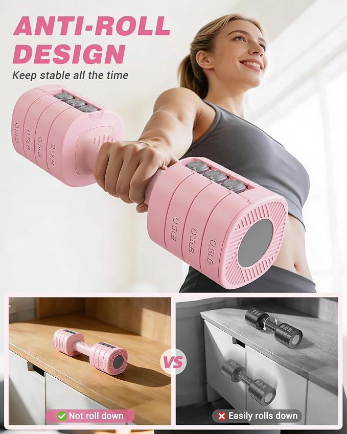 Rendpas Adjustable Dumbbell Set of 2, 10lb & 22lb Pairs (5lb/11lb Each) | Anti-Slip No-Roll Handle Weights, Bench Combo Option for Home Gym, Pilates & Strength Training