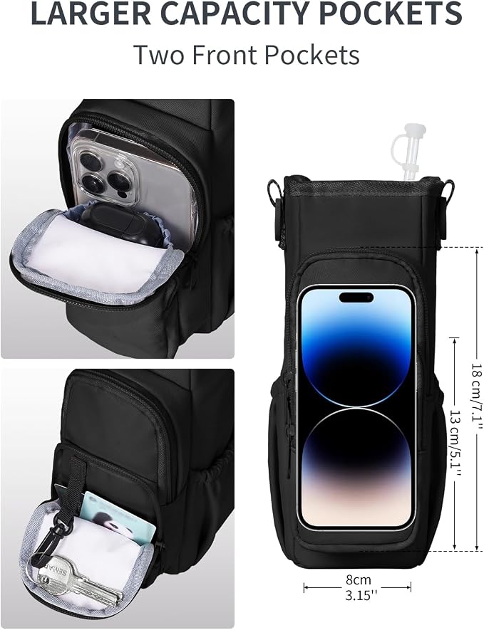 sportsnew 30/40oz Crossbody Water Bottle Holder Anti-Tip Tumbler Carrier | Lightweight Bottle Sling Fits Handled Tumbler w/ Phone Pocket, Adjustable Strap, Insulated Lining, Hands-free for Hiking Gym