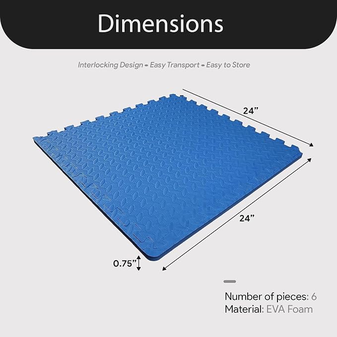 BalanceFrom Puzzle Exercise Mat with EVA Foam Interlocking Tiles (Blue) | Tiles for Home Gym, Mat for Home Workout Equipment, Floor Padding for Kids, Blue, 24 in x 24 in x 3/4 in, 24 Sq Ft - 6 Tiles