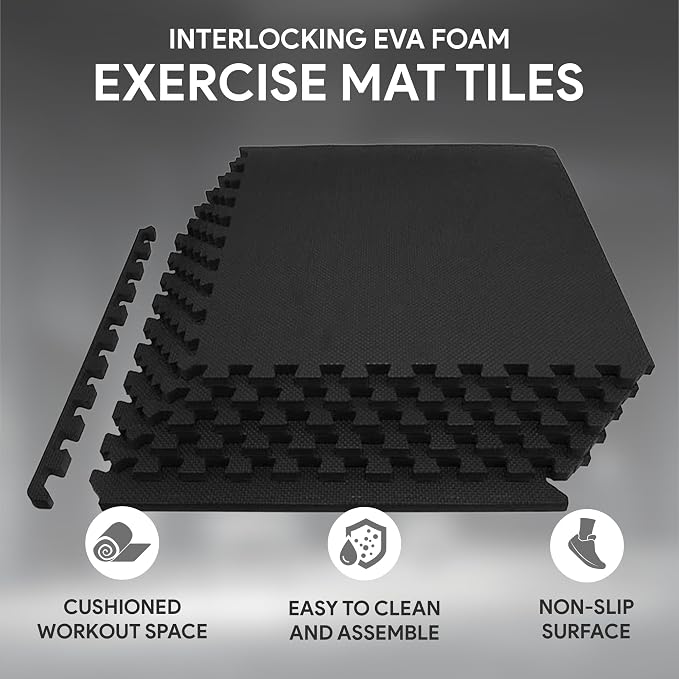 BalanceFrom Puzzle Exercise Mat 1/2-inch Thick, EVA Interlocking Foam Floor | Tiles for Home Gym, Mat for Home Workout Equipment, Floor Padding for Kids, Black, 24 in x 24 in x 1/2 in, 24 Sq Ft - 6 Tiles