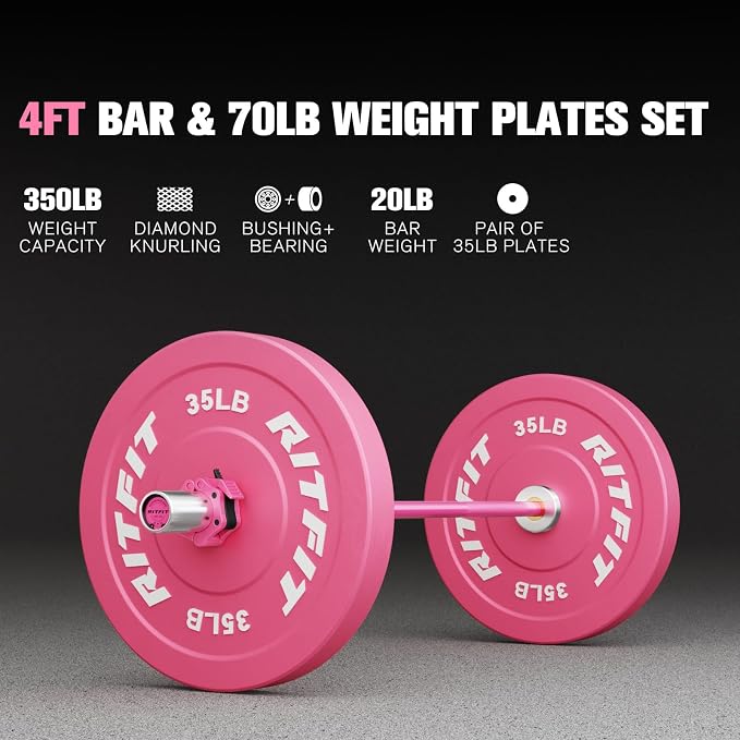 RITFIT Pink Olympic Bumper Plates with Steel Insert for Home Gym | High-Density Rubber with Low Bounce, 2-Inch Olympic Bore with Steel Insert, Pink Color for Strength Training