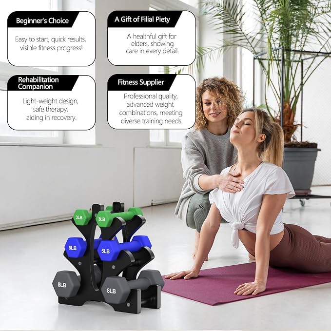Portzon Dumbbells Neoprene with Non Slip Grip weight for Total Body Workout Compatible with of 2 Set,1-15 LB, Anti-Slip, Anti-roll, Hex Shape