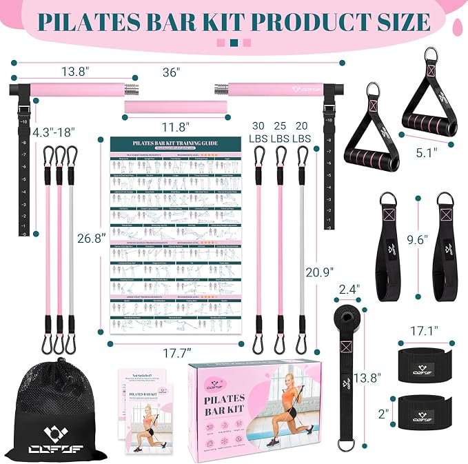Pilates Bar Kit with Resistance Bands, Multifunctional Yoga Pilates Kit | Heavy-Duty Metal Adjustment Buckle, Portable Home Gym Pilates Resistance Bar Kit for Women Full Body Workouts