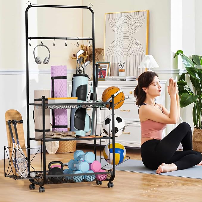Yoga Mat Storage Rack, Home Gym Storage Rack for Dumbbells, Workout Equipment Organizer with Hooks and Wheels Black