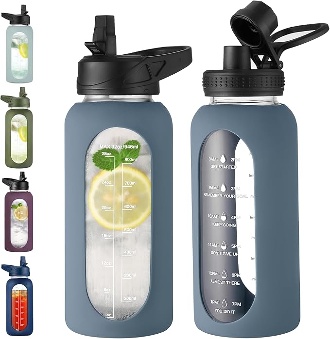 EALGRO 32 oz Glass Water Bottle with Straw, Large Sports Water Jug | Motivational Water Bottle with Time Marker and Silicone Sleeve, Flask Cup with Handle for Travel, Gym, Hiking, Dark Blue