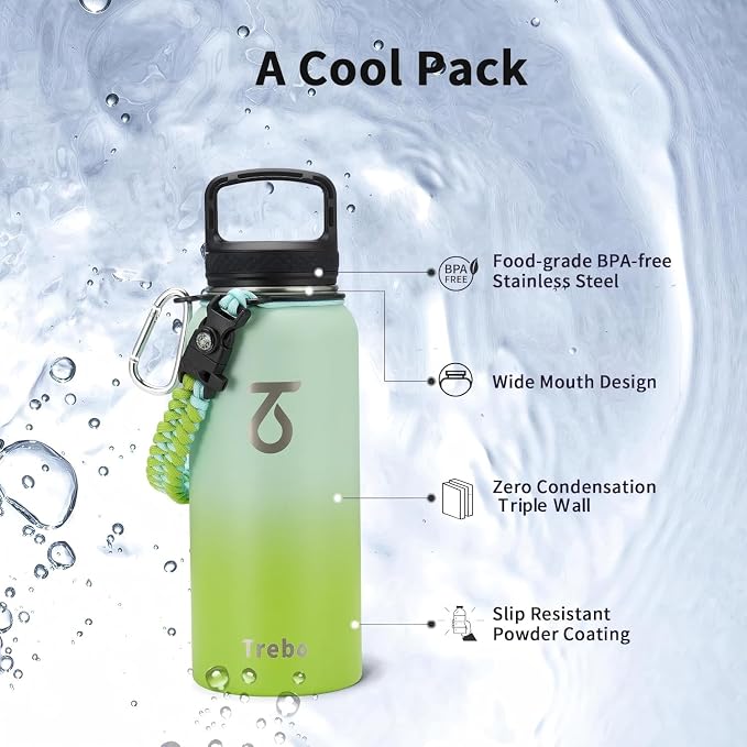 Trebo Insulated Water Bottle 32 oz with 3 Lids, Paracord Handle & Sleeve | Stainless Steel Metal Flask Vacuum, Triple Wall Copper Plated, Dishwasher Safe, Cold 48Hrs for Trail, Hiking, Wide Mouth