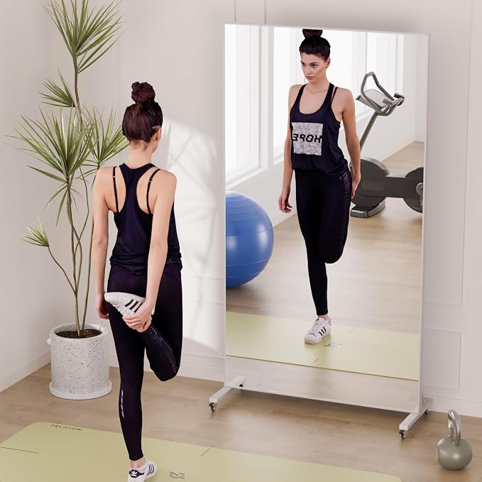 Large Rolling Mirror 71" x 40" Shatterproof Tempered Glass Easy to Move Full-Length Mirror for Gym/Dance Studio/Yoga Room/Home, White