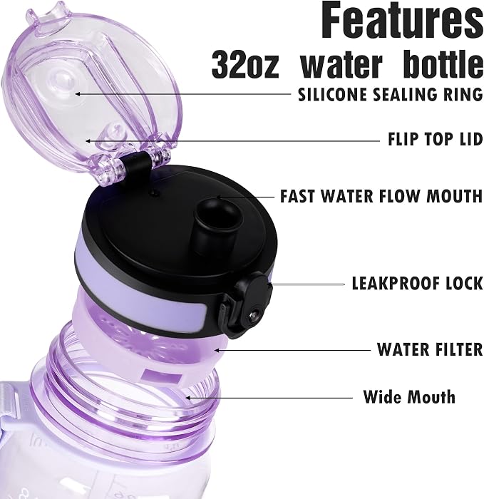 OLDLEY Water Bottle, 32oz Motivational Sports Water Bottle with Time Marker - Times to Drink - Tritan, BPA Free, Wide Mouth Leakproof,Amethyst
