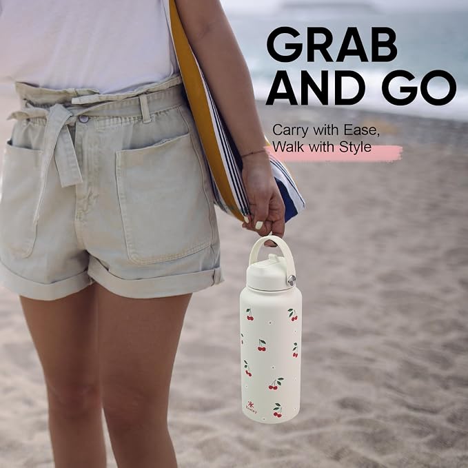 32 oz Insulated Water Bottle with Straw, Leak Proof Water Bottle Stainless Steel with Flip Straw and Handle, Metal, Reusable, Wide Mouth, for Travel, Gym and School (Cream Cherry)