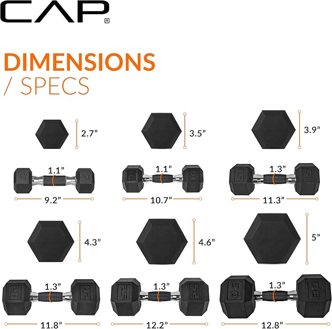 CAP Rubber Coated Hex Dumbbell Set with Storage Rack | 100–210 lb Options, Space-Saving Vertical Compact Storage for Home Gym Strength Training