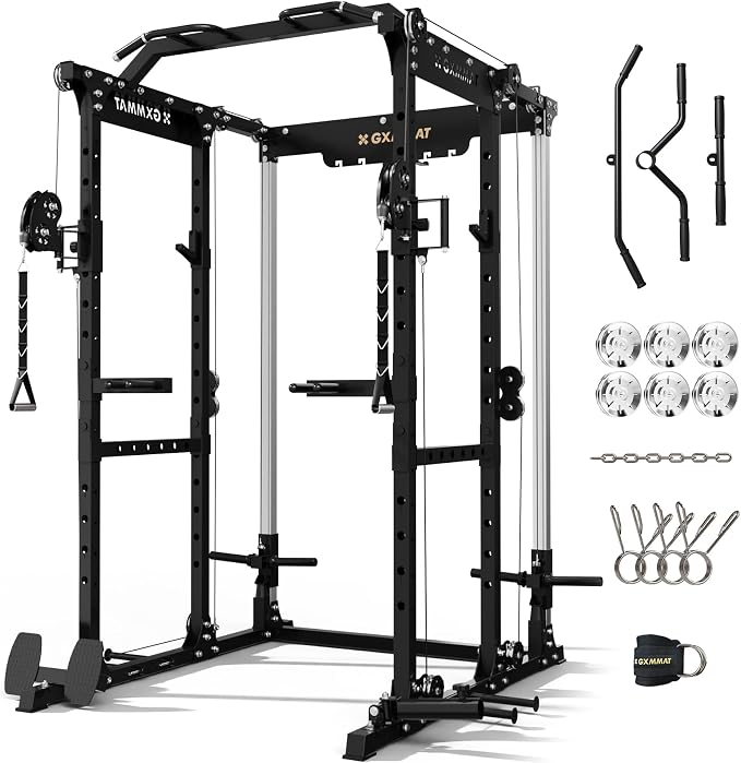 Gxmmat X6 Power Cage, 2200LB Multi-Function Power Rack with Independent Dual Aluminum Pulley System, Squat Rack for Home Gym Strength Training Equipment, Weight Garage Cage with More Attachments