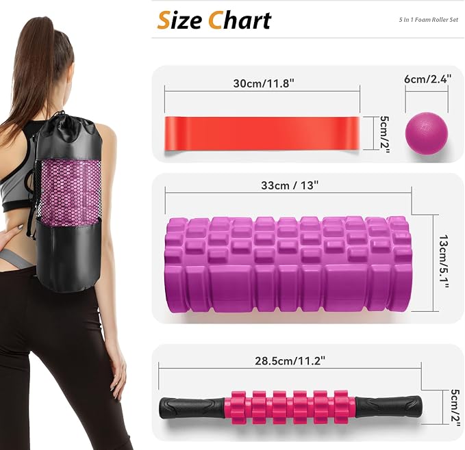 SUBCULTUREPICK 5 in 1 Foam Roller Set for Deep Tissue Muscle Massage | High Density Fitness Exercise Foam Roller, Muscle Roller, Massage Ball, Resistance Band, for Whole Body Physical Therapy Pink
