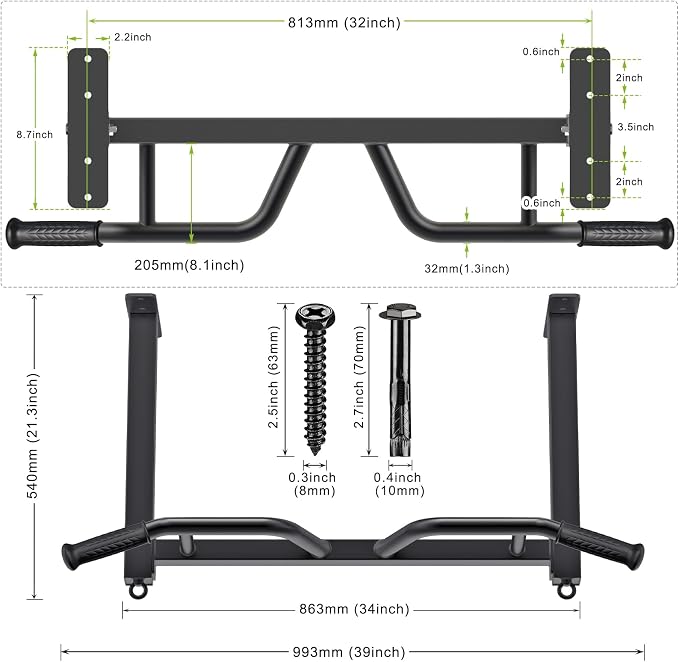 Kipika 32" Ceiling Mounted Pull Up Bar - Heavy Duty, Highly Adjustable, Multifunctional Chin Up Bar - Home Gym System with Punching Bag Hanger and Resistance Bands Training