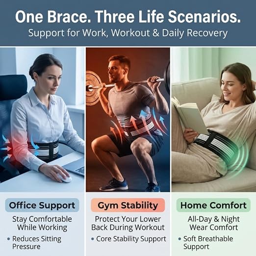 Lightweight Back Brace for Women Men, Pain Relieving Wide Lumbar Support | Adjustable Dual Compression Support Belt Alleviates Lower Back, Hip, Sciatica Pain – Ideal for Work, Exercise & Daily Wear