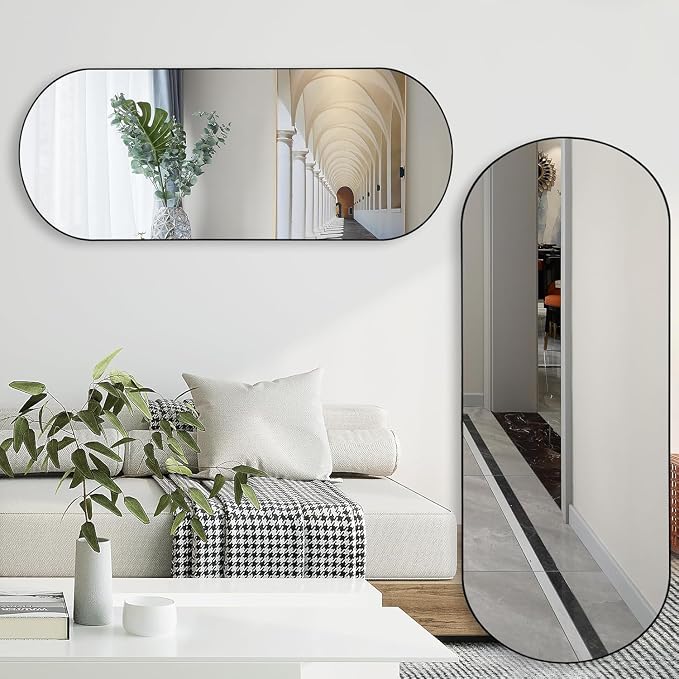 ZHUNFA Arched Full Length Floor Mirror, 64×21 Oval Full Floor Mirror | Large Wall Mounted Arched-Top Body for Living Room, Bedroom, Bathroom, Entryway, Dressing Room, black
