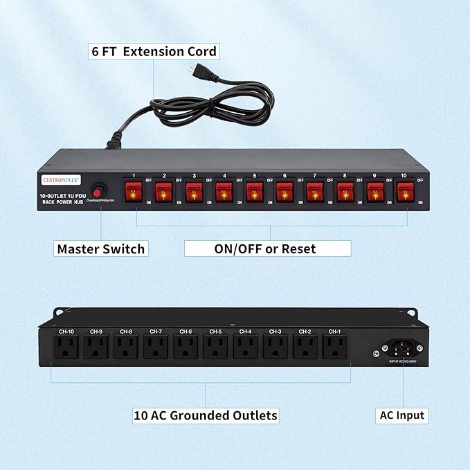 1U PDU Horizontal Rackmount Power Strip - Overload Protector | 10 NEMA 5-15R Outlet, 100V-240V/15A, 1800 Joules, 10 Independent LED Switches, 6 ft Cord