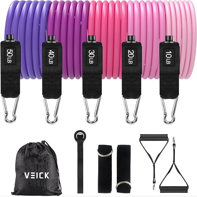 VEICK 10-150LBS Resistance Bands with Handles, Ankle Straps, Door Anchor | Accredited Lab Certified, 100% Natural Latex, Versatile for Yoga, Pilates, Strength, Home Gym
