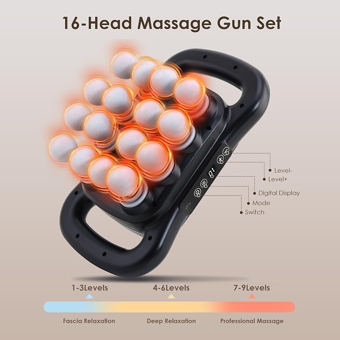 16 Head Massage Gun Set, Deep Tissue Percussion Massager, Black