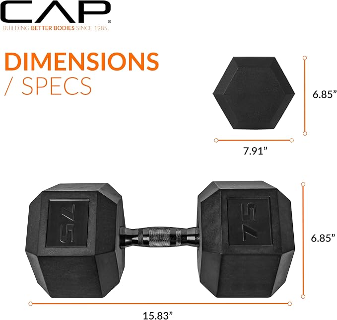 CAP Rubber Coated Dumbbell Weights, Free Weights for Home Gym Strength Training, Anti-Roll Hex Dumbbells with Black, Chrome & Comfort Grip Handles, Pairs & Sets
