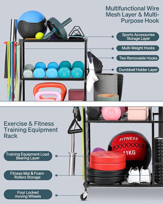 AHOWPD Weight Rack Home Gym Storage, Yoga Mat Storage Rack Workout Equipment Storage Rack for Dumbbells Kettlebell Resistance Band, Exercise Equipment Gym Rack Organizer with Wheel and Levelling Feet