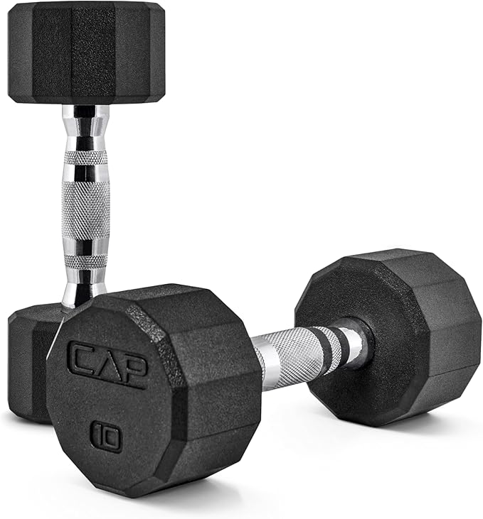 CAP Rubber Coated Dumbbell Weights, Free Weights for Home Gym Strength Training, Anti-Roll Hex Dumbbells with Black, Chrome & Comfort Grip Handles, Pairs & Sets