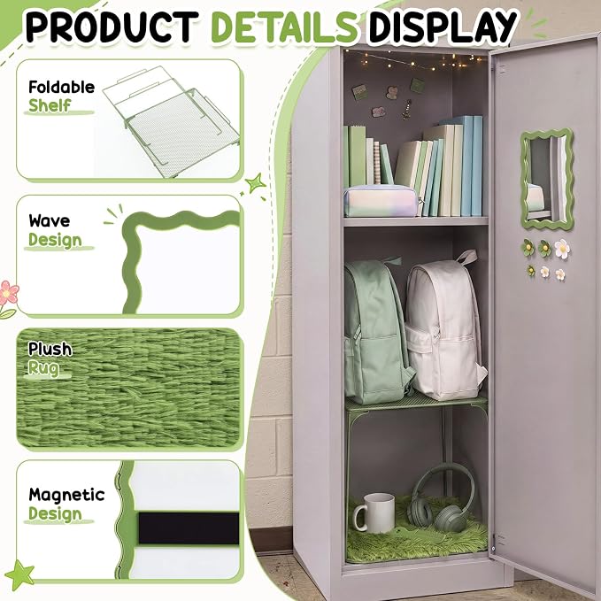RattanView 10 Pcs Locker Accessories Kit Magnetic Acrylic Mirror Plush Rug Small Comb 6 Flower Magnet Locker Organizer for Back to School Teen Student Girl Office Work Lockers Decoration Gift(Green)