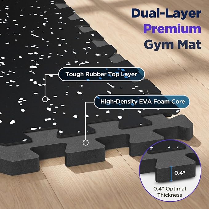 24 Sq Ft Rubber Top Gym Flooring for Home Gym, Black/White | 6 Tiles, High Density EVA Foam, Waterproof & Non-Slip Rubber, 0.4" Interlocking Puzzle Mats, Floor Protection, 24"x24"