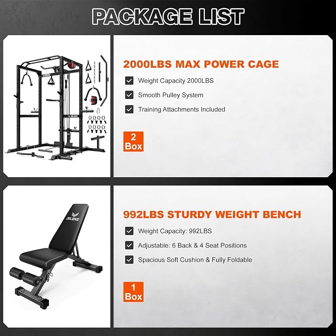 JELENS S21 Power Cage, Multi-Function Power Rack with Adjustable Cable Crossover System, 2000LBS Squat Rack for Home Gym with More Training Attachments