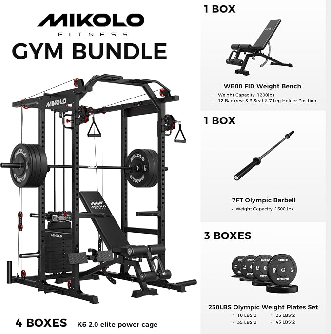 Mikolo K6 2.0 Power Cage, Power Rack with Cable Crossover System, 2000LBS Squat Rack with LAT Pull Down System, Functional Trainer with Aluminum Pulley System for Home Gym