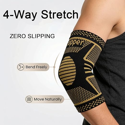 Copper Elbow Compression Sleeve, Tennis Elbow Brace for Men and Women, 4-Way Stretch, Pain Relief, Recovery, Arthritis, Tendonitis, Bursitis (Black-Copper, Large)