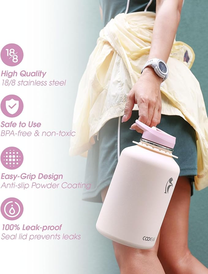 Coolflask Half Gallon Water Bottle Insulated Stainless Steel with Strap | 64 oz Large Water Jug with Straw & Spout Lids,Triple-Wall, Cold 48+h,Dishwasher Safe, Leakproof, BPA-Free,for Gym & Hiking