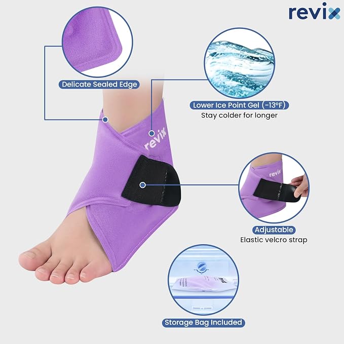 REVIX Foot Ice Pack Wrap, All-in-One Wearable Design, Purple | Ankle Ice Wrap with Flexible Gel Design, Adjustable One-Size Fit for Achilles Tendonitis, Sprained Ankle and Swelling