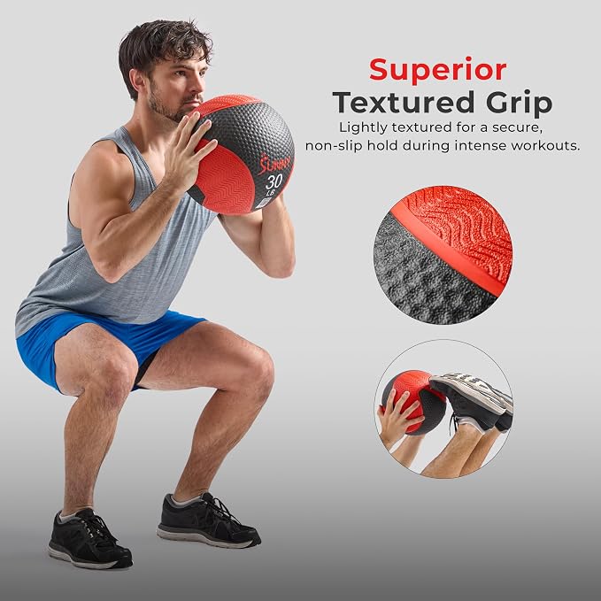 Sunny Health & Fitness 10 LB Medicine Ball with Premium Dual Textured Grip | 4-30LB Weighted Rubber Medicine Ball, Bouncing Wall Ball, Slam Ball Workouts, Throws Squats Core Strength Training