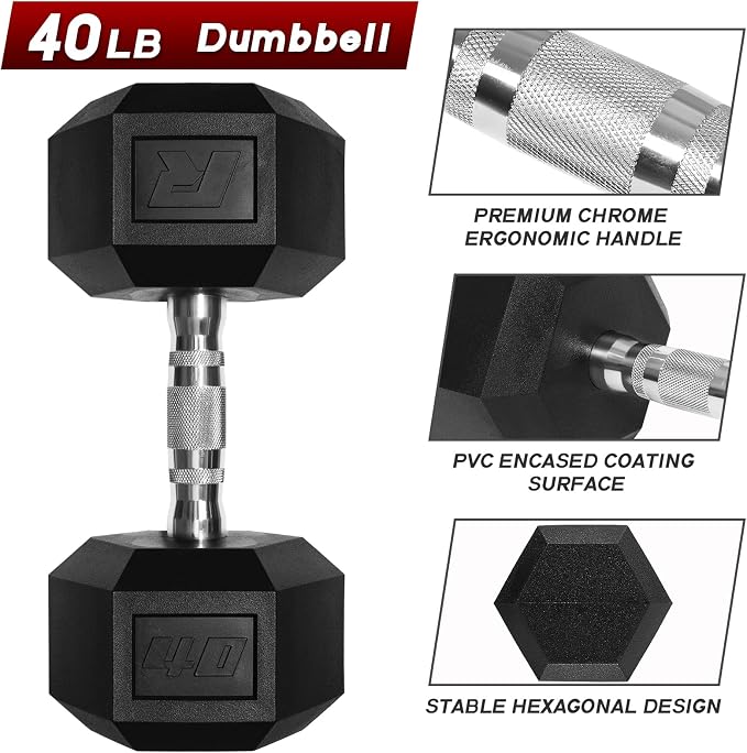 RitFit 5-650 LBS PVC Hex Dumbbell Sets with Optional Rack for Home Gym | PVC Coated Anti-Roll Hex Design, Chrome Handle with Ergonomic Grip, Full Body Strength Training with Optional Rack
