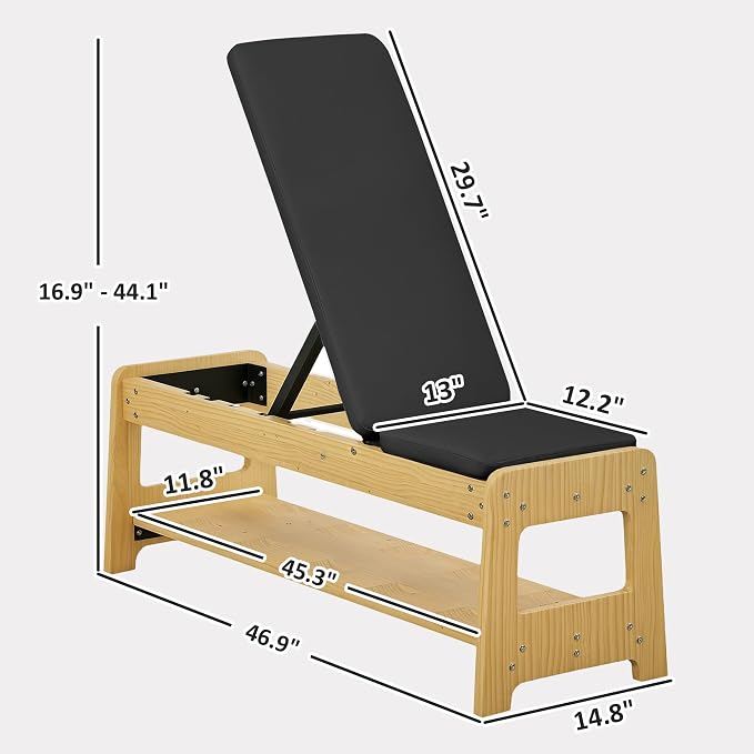 Soozier Adjustable Weight Bench with Dumbbell Rack Wooden Gym | Flat or Incline Design, Home Gym Weight Lifting Training