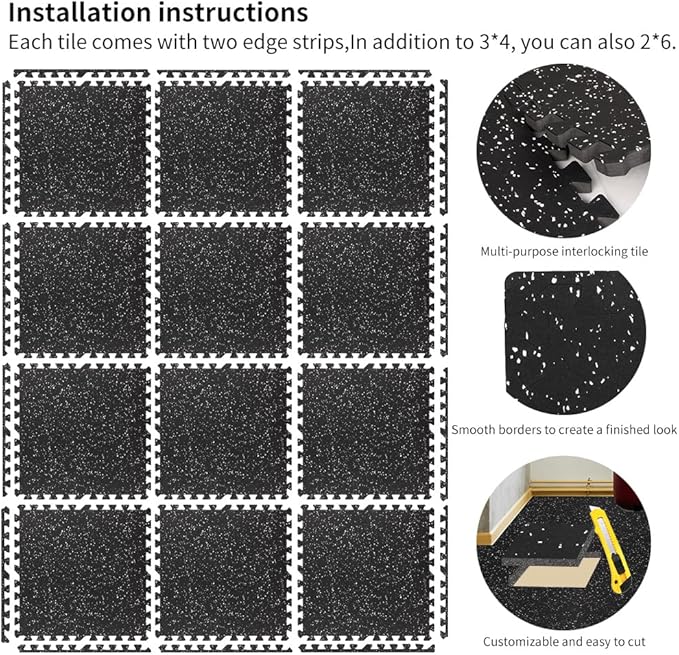 0.56in Thick 48 Sq Ft Gym Flooring for Home Gym, 12 Tiles Workout Exercise Equipment Mats, Rubber Top with EVA Foam, Interlocking Puzzle Floor Tiles for Fitness Room, Protective Flooring Mat