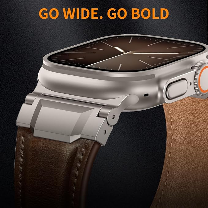 Bands Compatible with Apple Watch Ultra 3/2/1 Band 49/46/45/44mm | Genuine Leather Metal Connector Strap for iWatch Ultra Series 11/10/9/8/7/SE/6/5/4/3/2/1, Dark Brown/Titanium