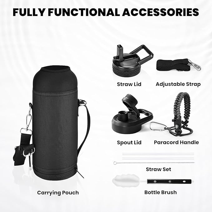 RAYMYLO Insulated Water Bottle 40 oz, Triple Wall Vacuum Stainless Steel | (Cold for 36Hrs, Hot for 18Hrs), Leak Proof & Non-BPA, Modern Water Flask Jug with Paracord Handle & Straw Spout Lids