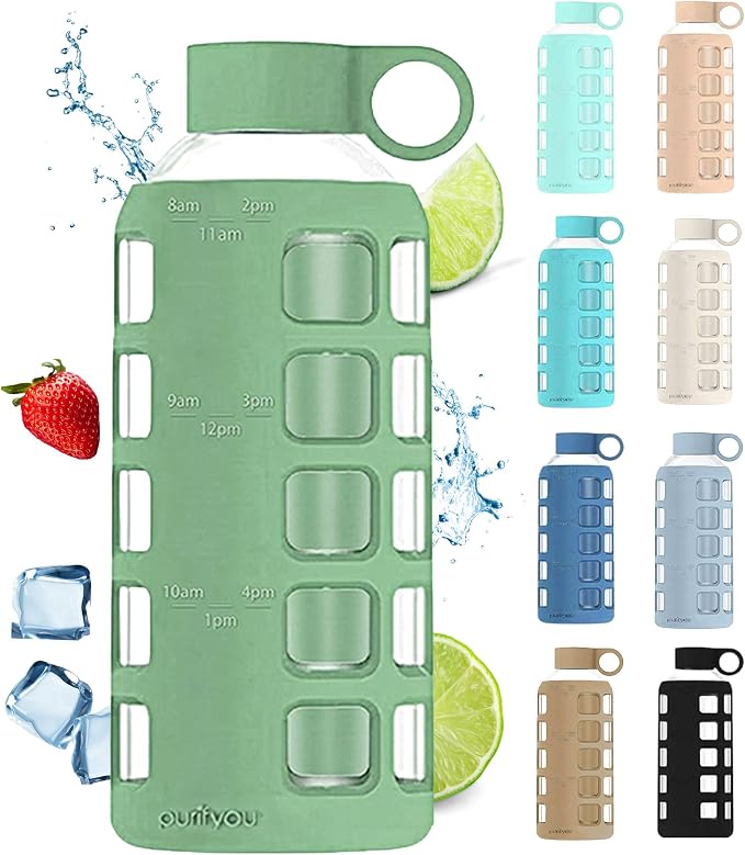 purifyou 40oz / 32oz / 22oz / 12oz Borosilicate Glass Water Bottle with Time & Volume Markers, Silicone Sleeve, Stainless Steel Lid | Reusable Glass Bottle for Water & Juice (22oz Shale Green)