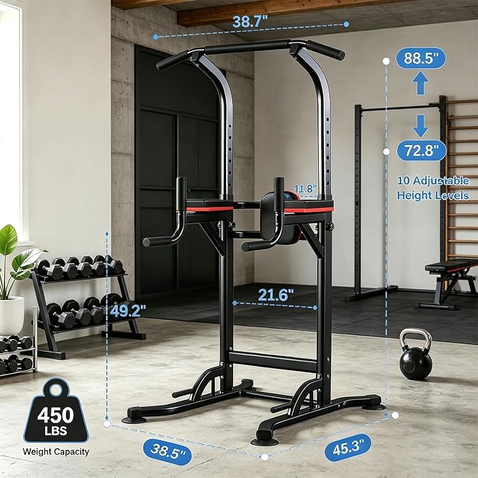 Pull Up Bar, Multifunction Power Tower Dip Bar Station Home Gym Strength Training Workout Equipment for Pull-up Push-up Dips