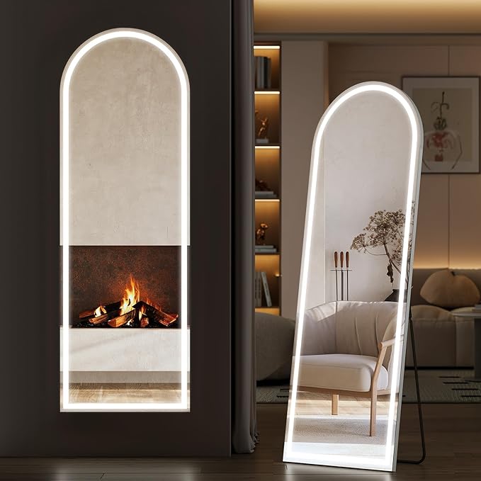 Sweetcrispy Arched LED Full Length Floor Mirror, 60"x16" Full Body Mirror | Standing Mirror with Dimming & 3 Color Lighting, Shatterproof Tempered Glass, Wall Hanging or Leaning for Home Decor, White
